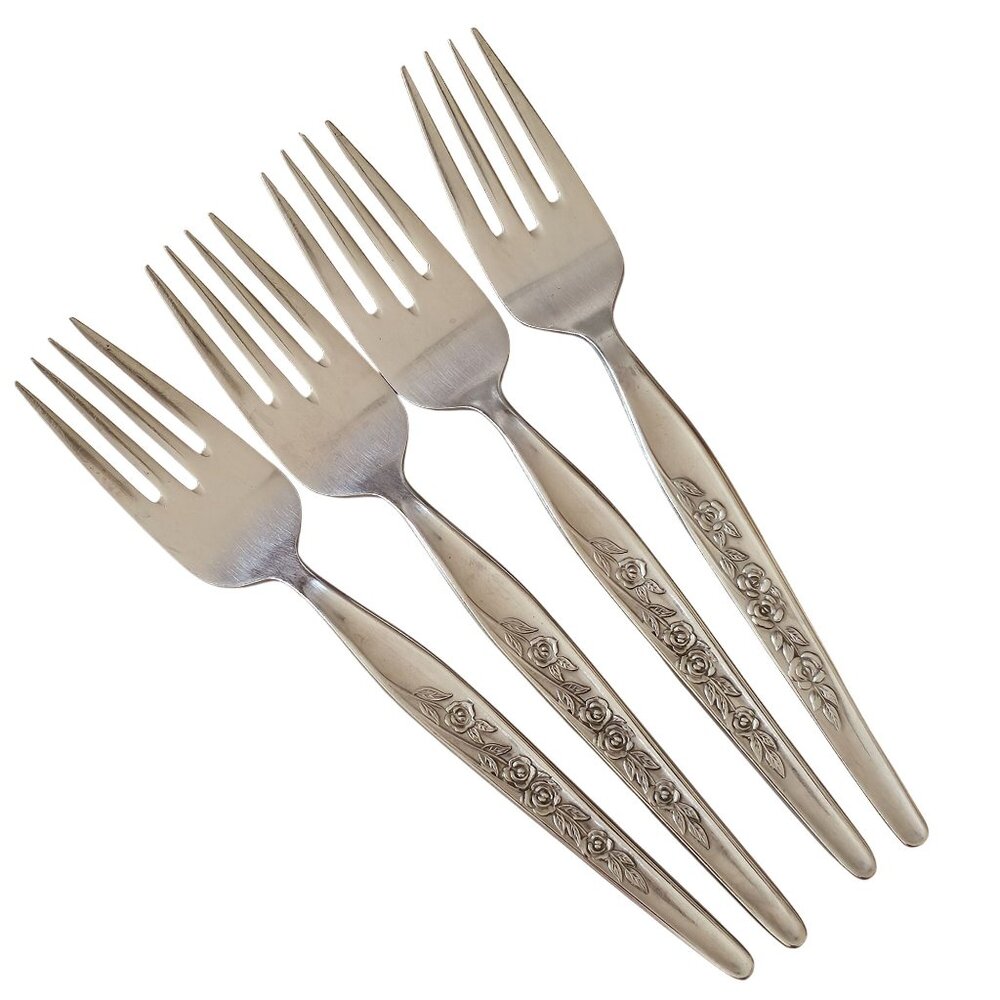 4 Elden Vintage Flower Fork Stainless 7" Rose Midcentury Colonial Style floral E